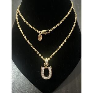Authentic Juicy Couture Thin Gold Long Chain Necklace with Pave Horseshoe Charm